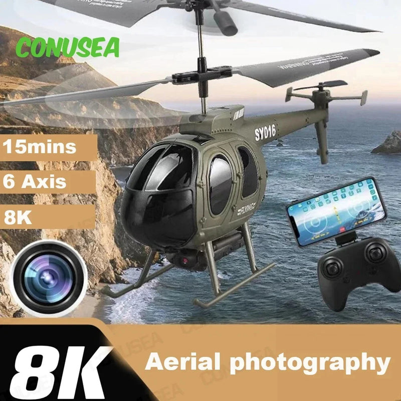 Mini RC helicopter drone with camera, green body, paired with handheld controller