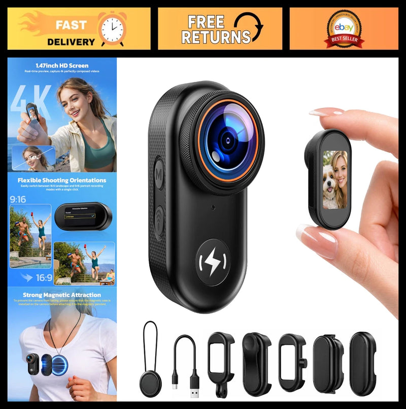 4K Mini Body Camera, 64GB Card, WiFi Action Cam, Wearable POV with Magnetic Moun
