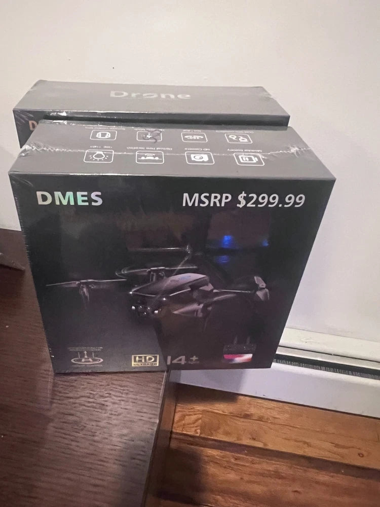 DMES foldable dual-lens HD drone box, factory sealed with product icons