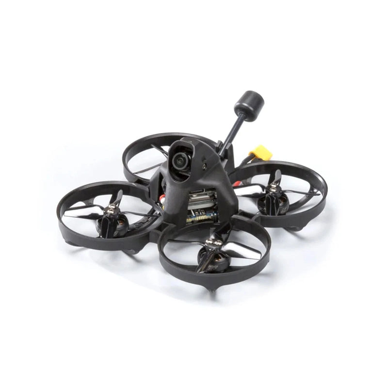 Black quadcopter drone with front camera and antenna