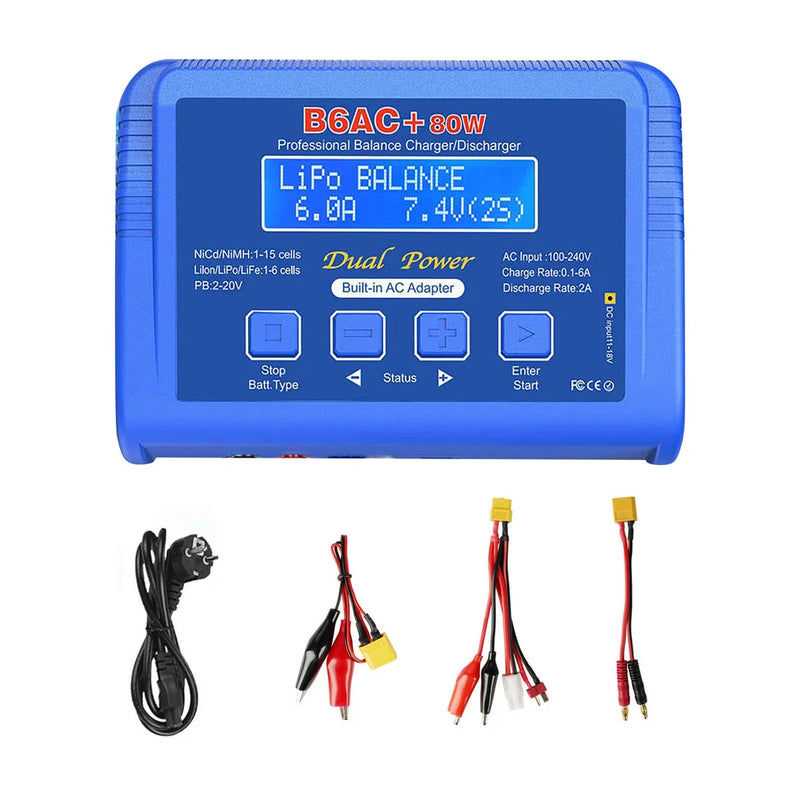 Blue balance charger/discharger with LCD screen, buttons, and included battery leads