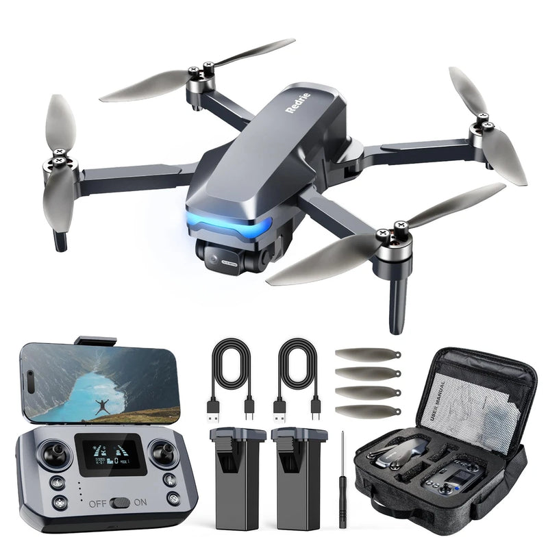 Black foldable GPS drone kit with controller, cables, batteries, and carrying case