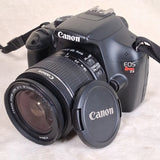 Canon EOS Rebel T3 100D digital SLR camera with 18-55mm lens and strap, black