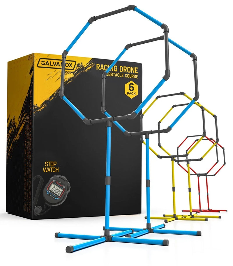 Drone obstacle course kit with blue tube frame, black ramp, and yellow/red obstacles