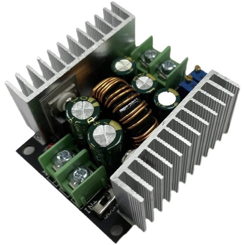Step-down converter module with green terminal block and metal heatsink fins