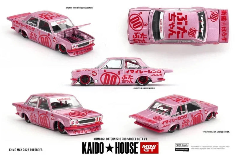 Pink die-cast 1:64 street racing car with graphic decals and numbered livery