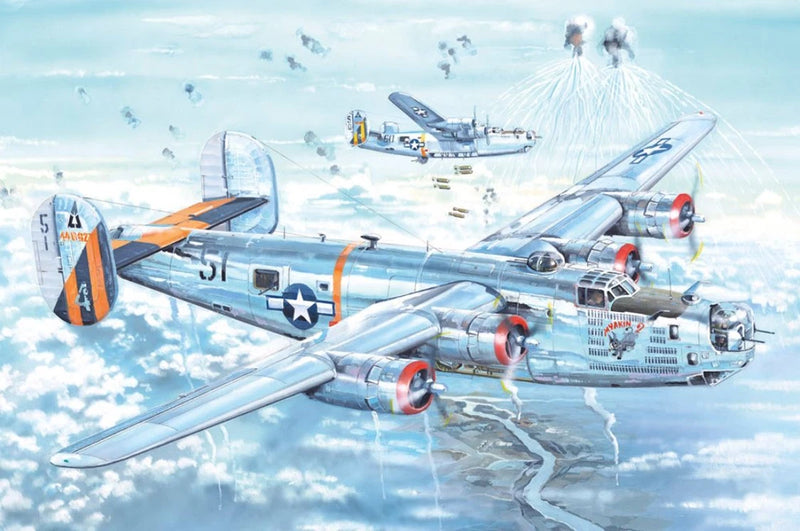 HobbyBoss B-24J Liberator 1/32 plastic model airplane kit, twin engines and nose