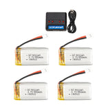 3.7V LiPo drone battery and charger set with four packs and power adapter cables