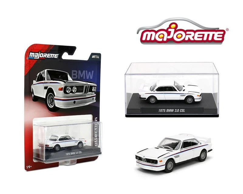 White 1975 BMW 3.0 CSL die-cast model car in box with clear display case