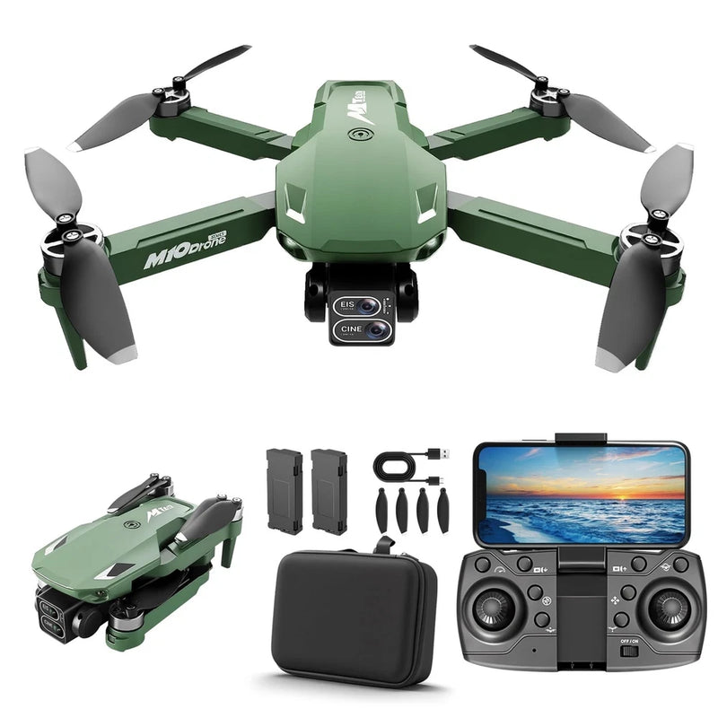 Green FPV RC drone with camera, four propellers, plus remote controller and storage case