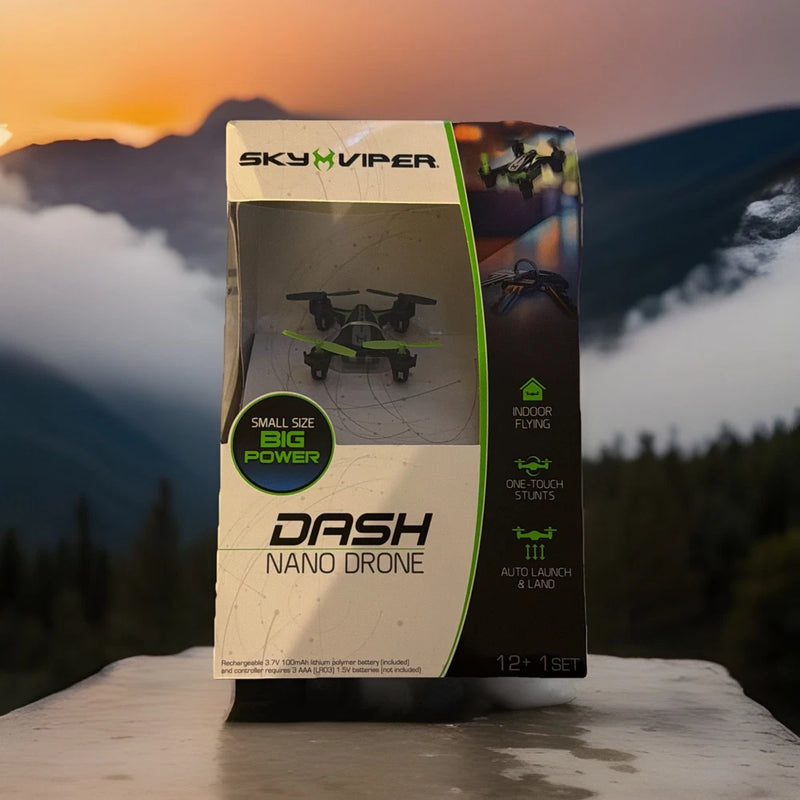 Sky Viper Dash nano drone retail box for indoor flying, auto hover