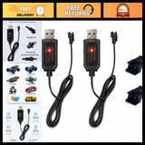Two-port 3.7V RC battery charger with USB cables and red LED indicators
