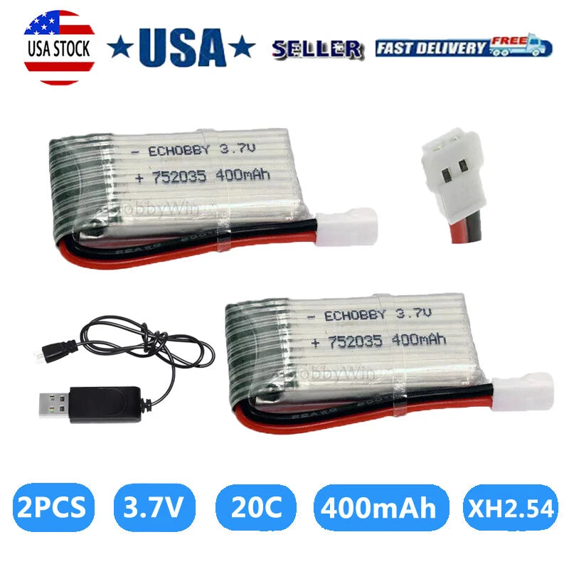 2pcs 3.7V 400mAh Lipo Rechargeable Battery for P51 F4U BF109 RC Plane