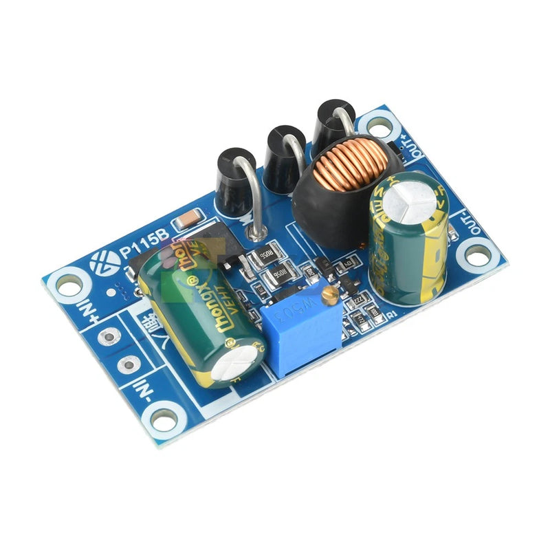 Adjustable DC-DC buck converter module with blue PCB, inductor, and input/output terminals