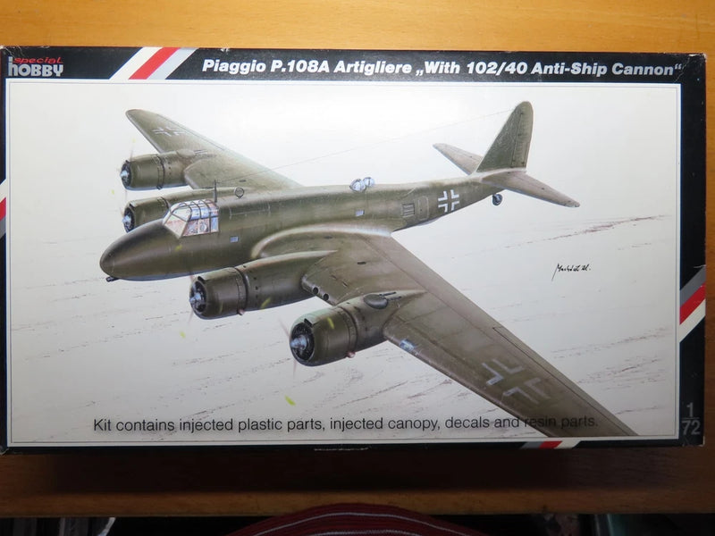 Plastic model kit box featuring gray Piaggio P.108B Artigliere aircraft with cannon