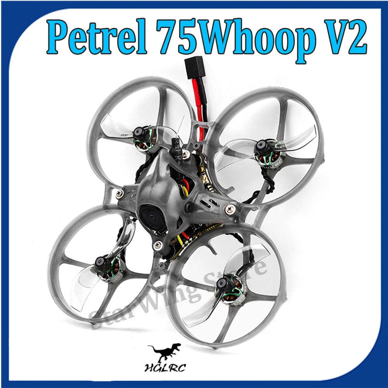Tiny FPV quadcopter with four ducts and four propellers, black frame.