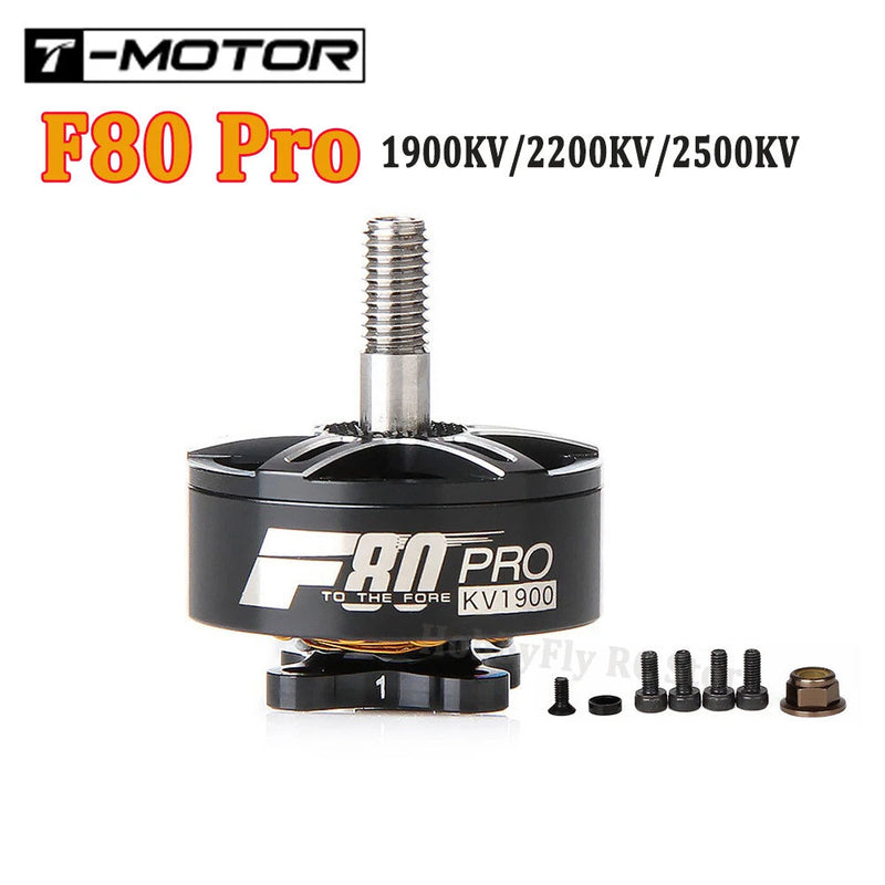 T-Motor F80 Pro FPV brushless motor with black housing, mounting hardware, and exposed shaft