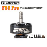 T-Motor F80 Pro FPV brushless motor with black housing, mounting hardware, and exposed shaft
