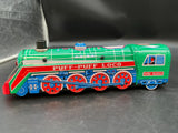 Green tin battery toy train with red and blue wheels, Puff-Puff Loco, model ME660