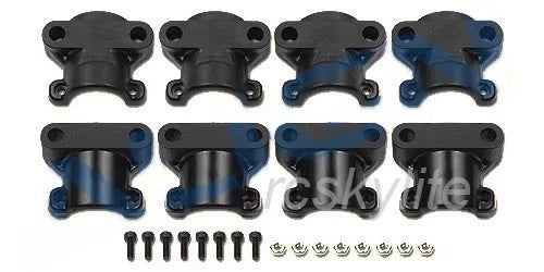 Reverse arm motor mount clamp set in black and blue with screws and bolts