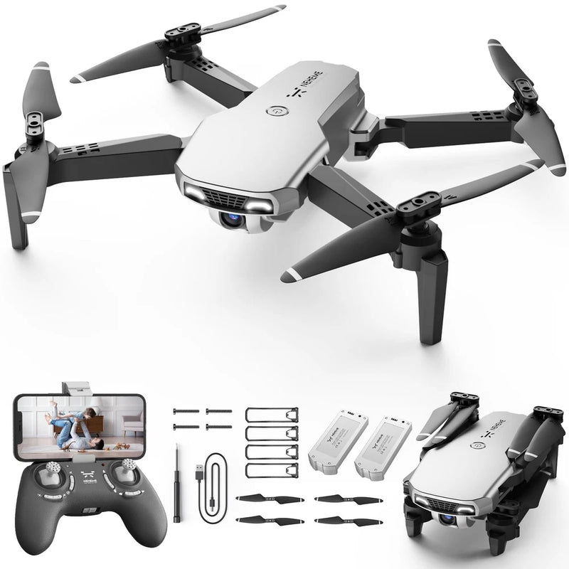 Silver kids camera drone quadcopter with four rotors and handheld remote controller set