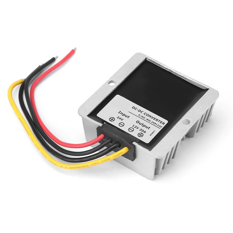 DC to 12V step-down converter module with input/output labels and attached wires