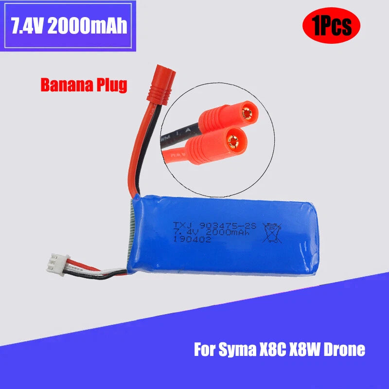 1Pcs 7.4V 2000mAh 25C Lipo Battery 903475 Banana Plug For Syma X8C X8W Drone