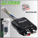 Black line output converter with RCA jacks, wire harness, and AXLOCM-150 label
