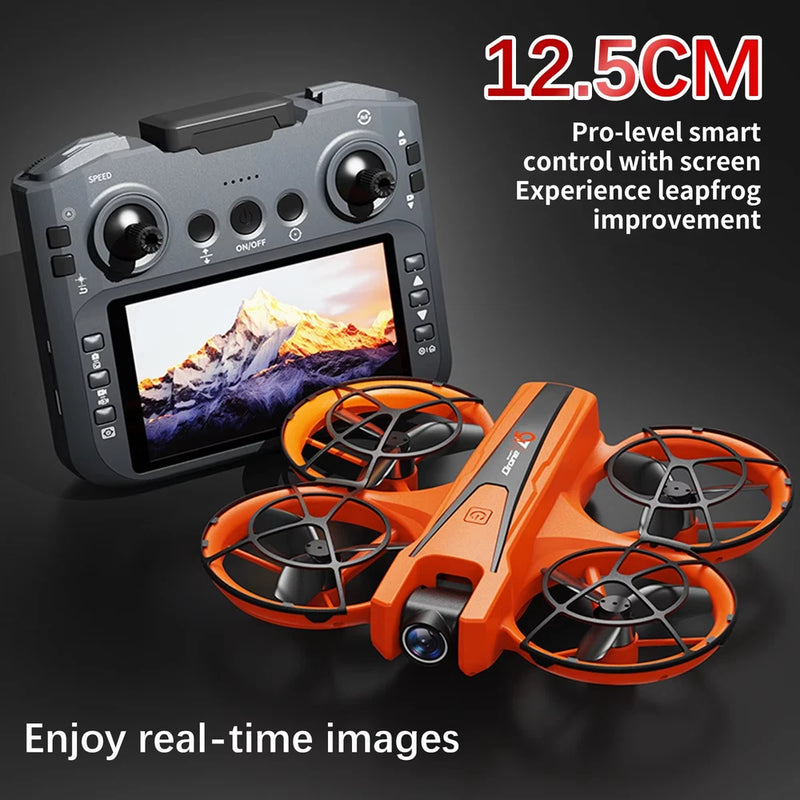 RC quadcopter drone with orange blades and screen remote controller