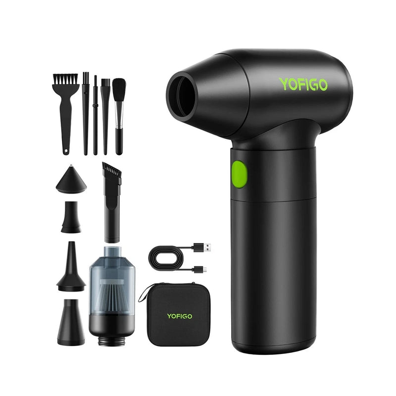 Black handheld electric air duster with YOFIGO logo, green button, and multiple nozzle attachments kit