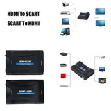 Black HDMI to SCART converter adapter box with input/output ports, 1080P plug-and-play