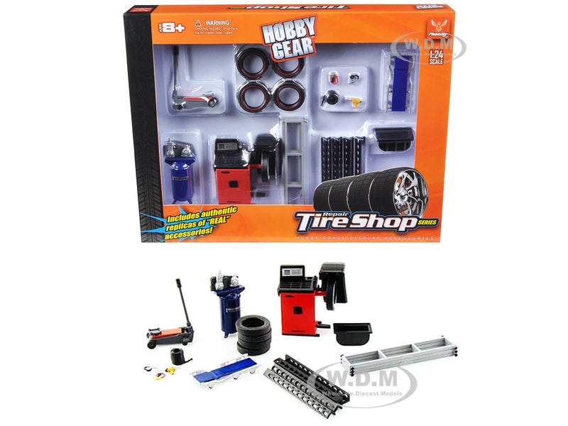 1/24 scale tire shop repair tool set with mini jack, pump, tires, and accessories