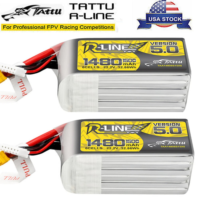 2X Tattu R-Line Version 5.0 1480mAh 150C 22.2V 6S Lipo Battery XT60 Plug For FPV Battery