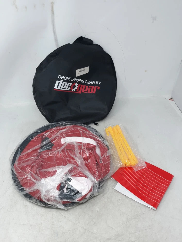 Drone landing gear kit with red wheels and black carrying bag