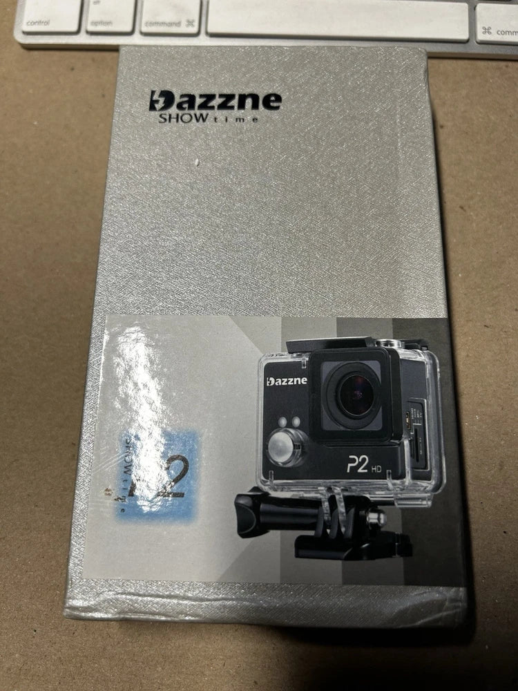 Dazzne Showtime P2 action camera in retail box with camera and mounting bracket