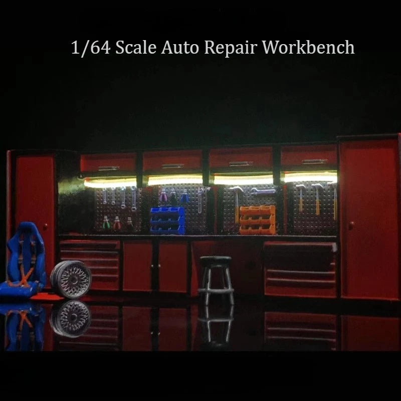 Diorama 1:64 Car Garage Workbench Model LED Lighting Repair Shop Tool Accessory
