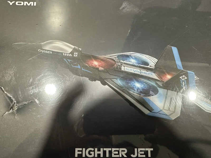 RC fighter jet airplane toy in blue and white with angled wings