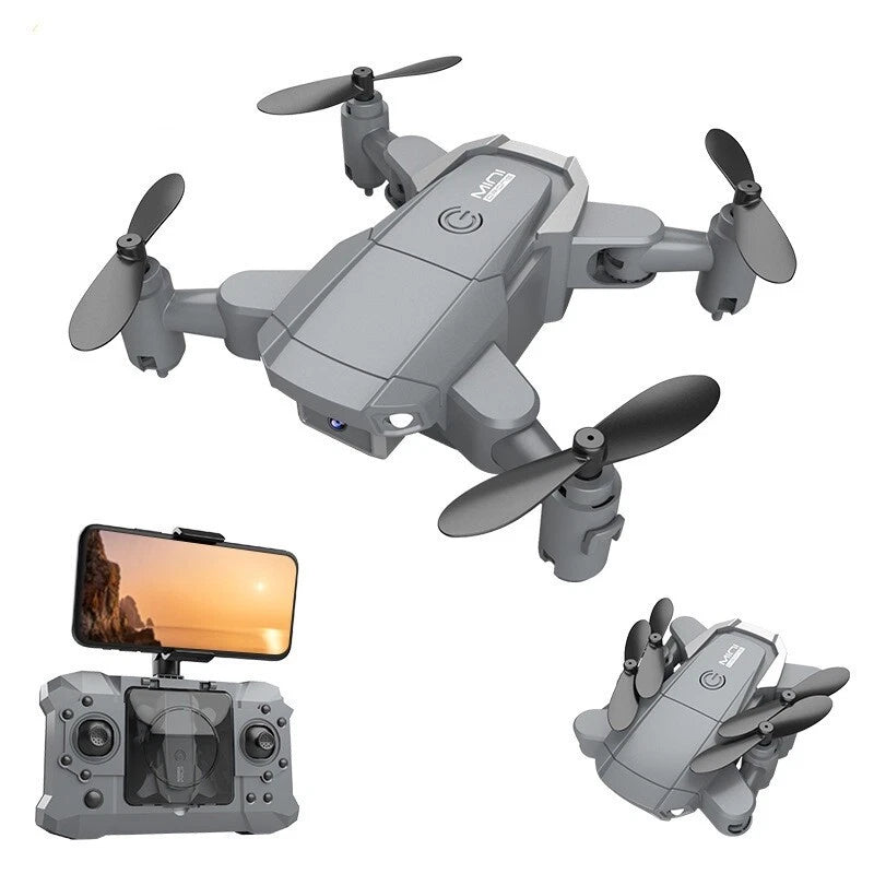 Gray 4K mini quadcopter drone with four propellers and foldable arms, includes display remote