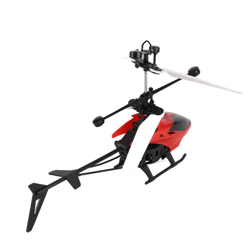 Red and black RC quadcopter drone with four rotor arms and landing skids