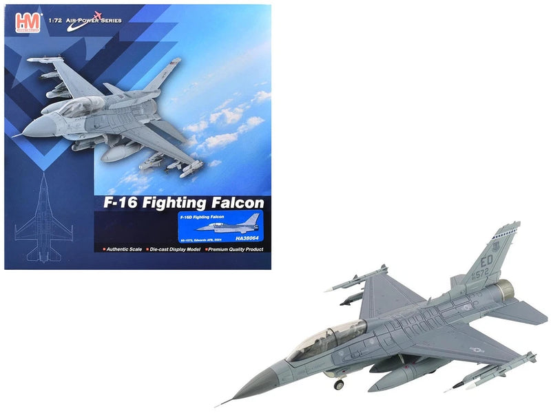 Grey Lockheed F-16D fighter jet model with landing gear and missiles, Hobby Master