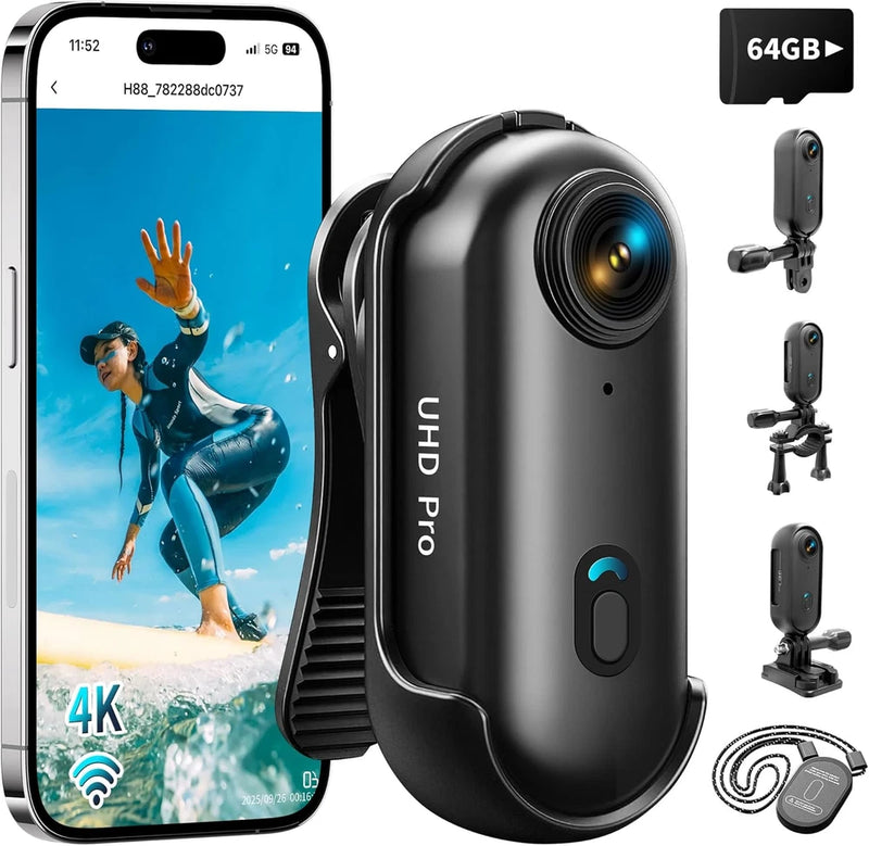4K Thumb Action Camera with 64GB Card, Mini Body Camera with Wifi, Magnetic Clip