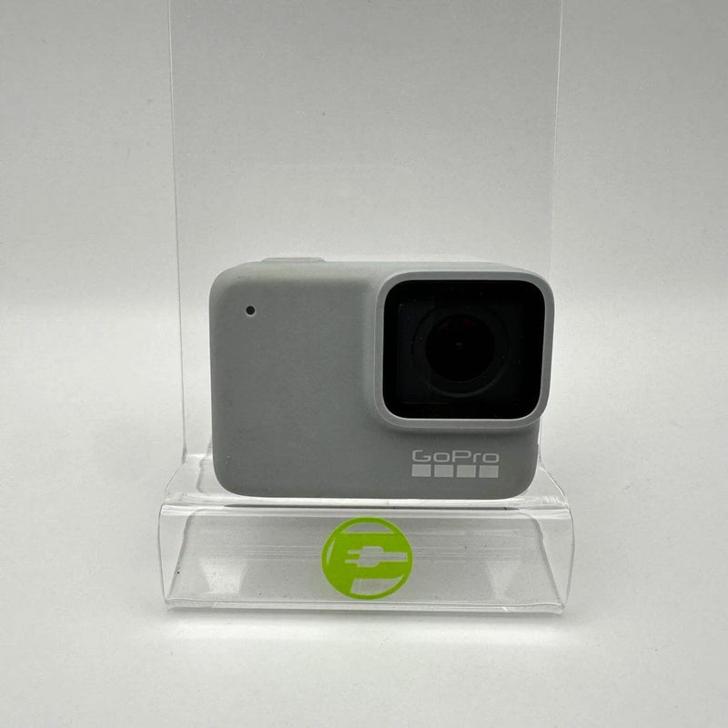 GoPro Hero7 white action camera with front lens and GoPro logo