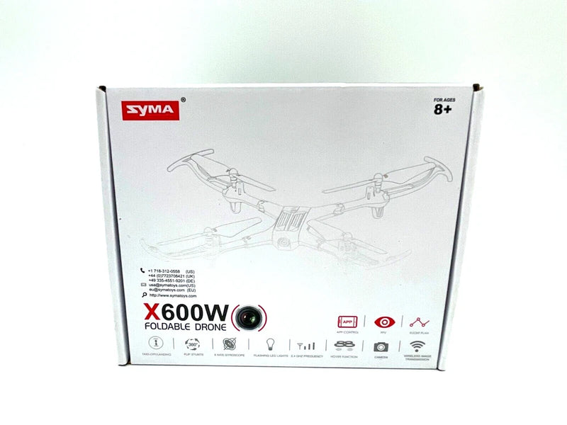 Syma X600W foldable drone box with illustrated quadcopter and app-control icons