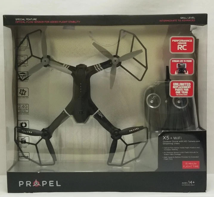 Propel X5 WiFi drone in retail box, black quadcopter with four folding blades