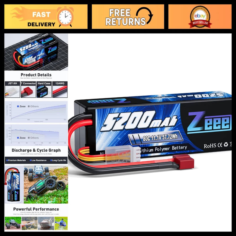 5200mAh 11.1V 3S Lipo Battery 80C T Connector - High Performance RC Power Battery