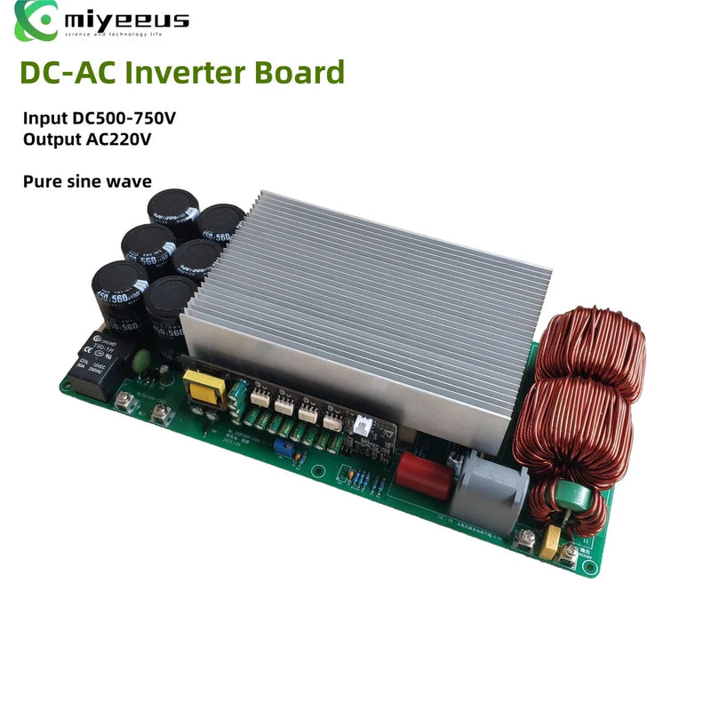 DC-AC inverter board with heatsink, capacitors, and copper coil on green PCB