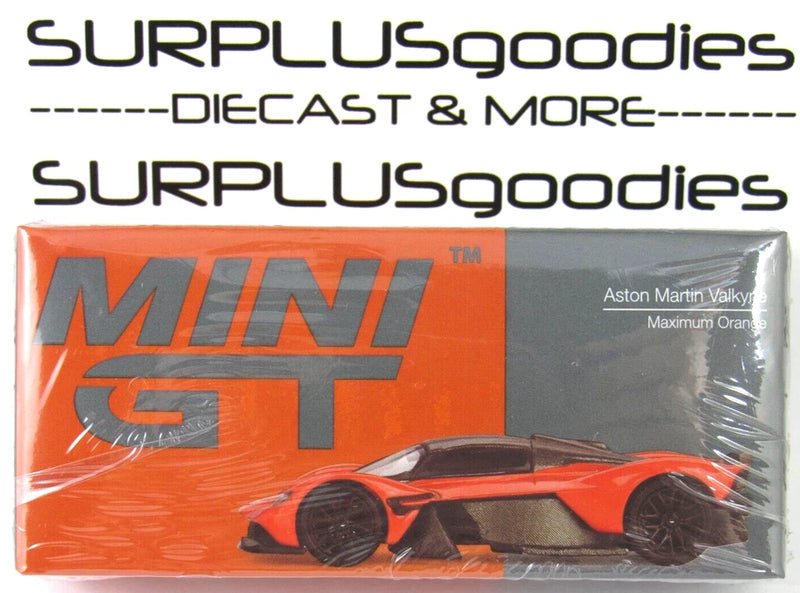 Orange Aston Martin Valkyrie die-cast car in retail box, Maximum Orange graphic