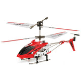 Red and white mini RC helicopter toy with gyro, skids, rotor blades and antenna