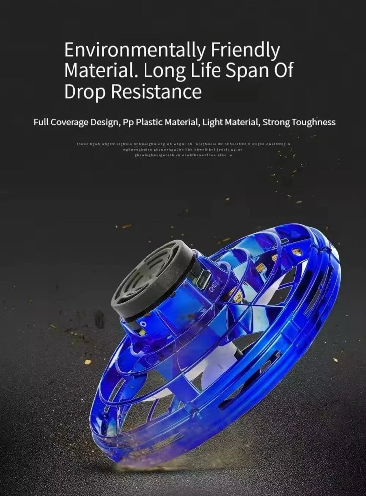 Blue transparent UFO-style mini drone with spinning propeller underside