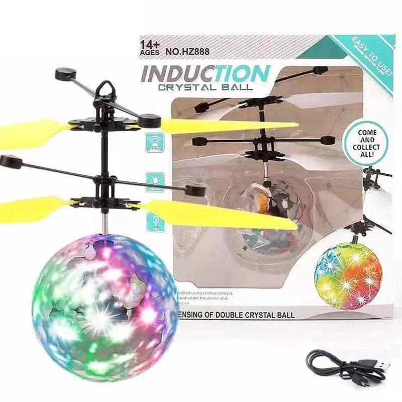 Black induction mini drone with LED crystal ball, colorful light globe accessory
